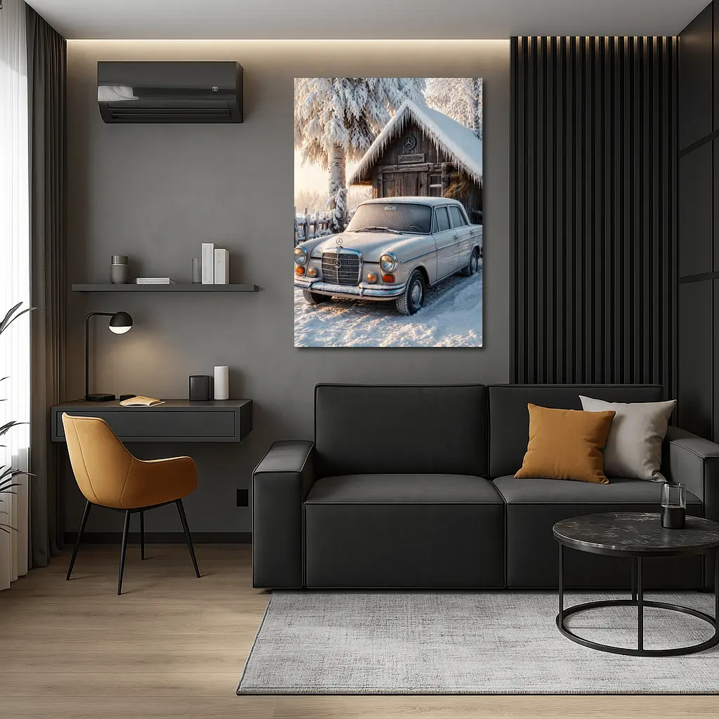 Vintage Mercedes Sedan Parked in Snowy Winter – Wall Art
