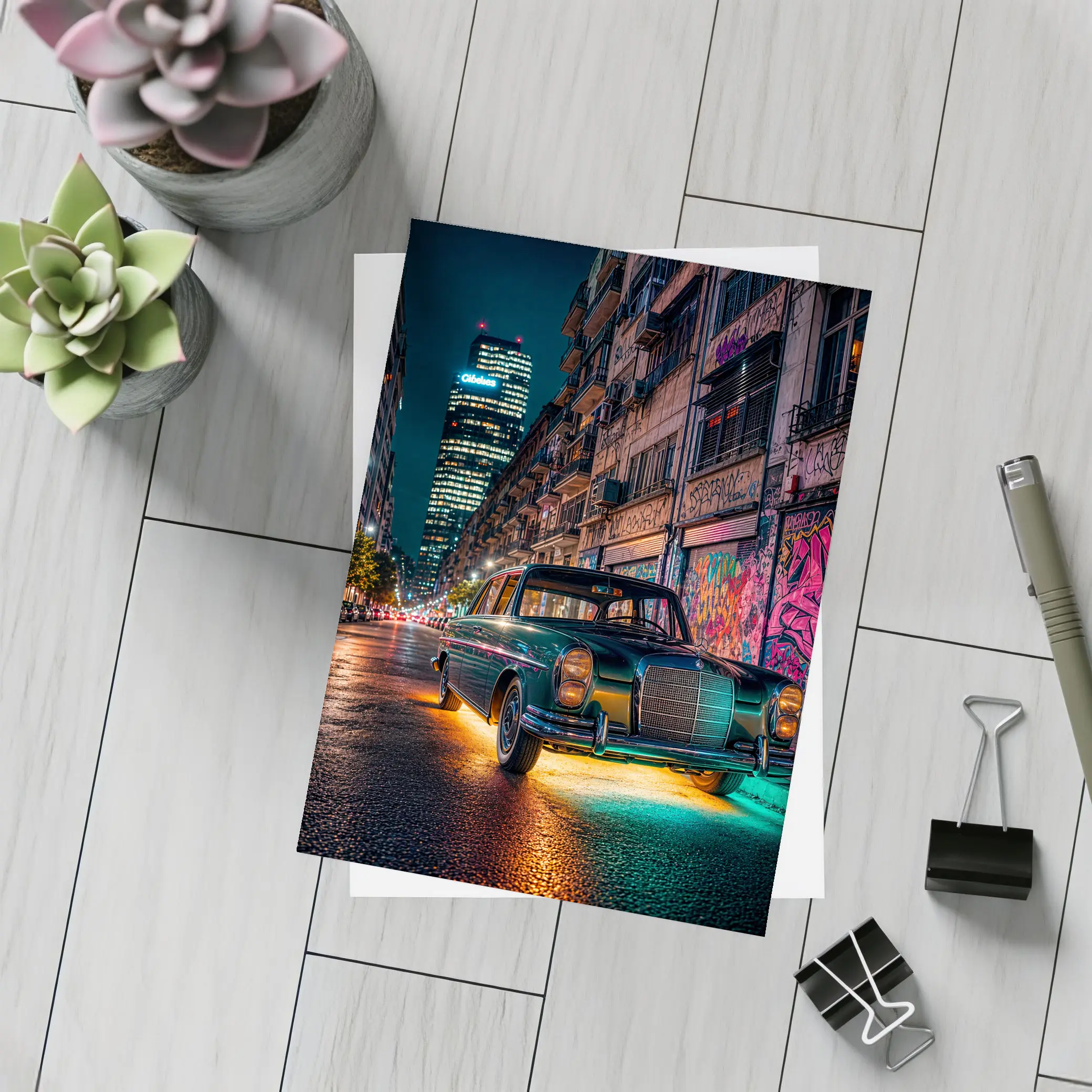 Vintage Mercedes Benz Classic Car Night Street – Postcards