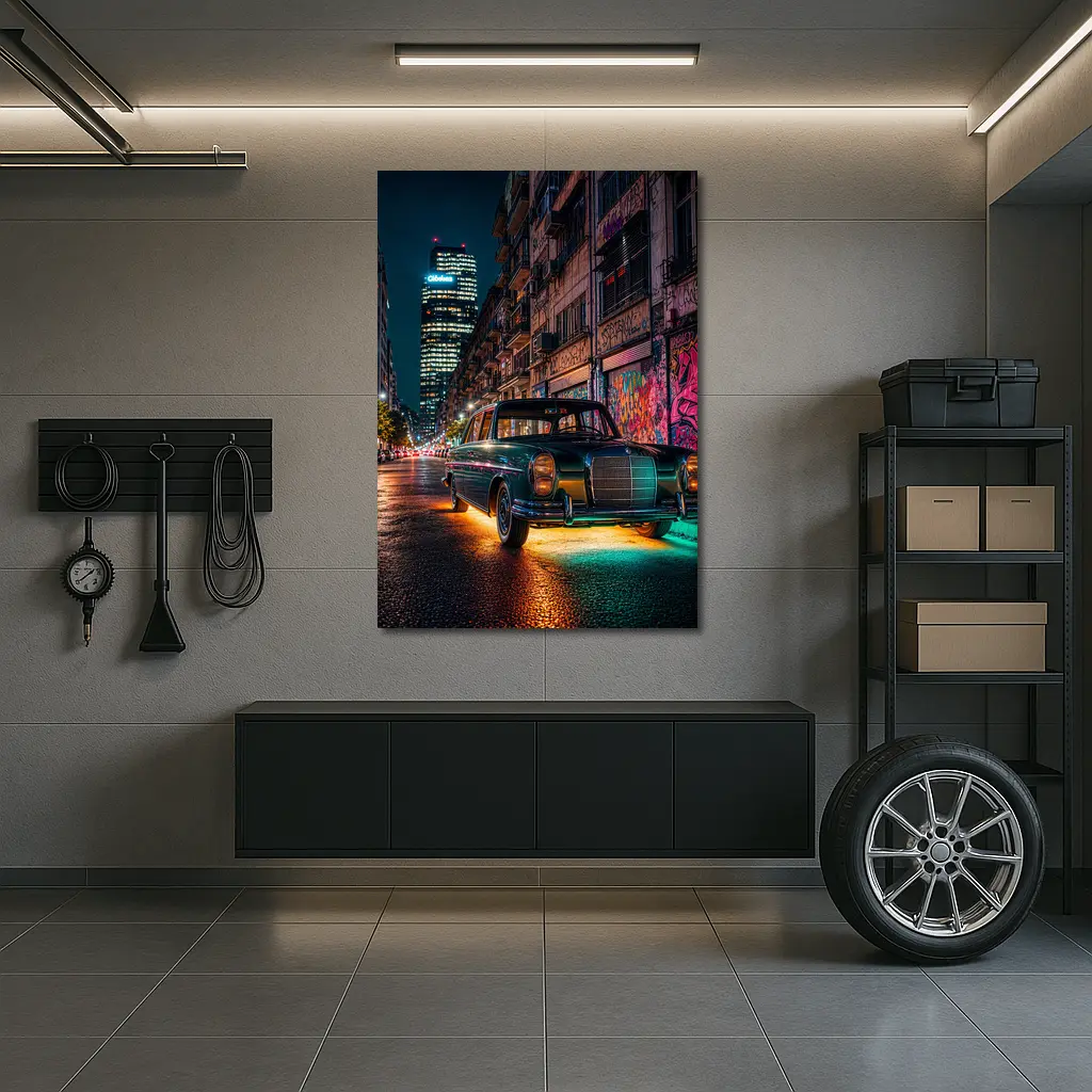 Vintage Mercedes Benz Classic Car Night Street – Wall Art