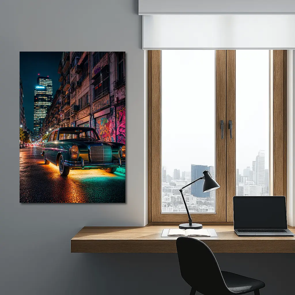 Vintage Mercedes Benz Classic Car Night Street – Wall Art
