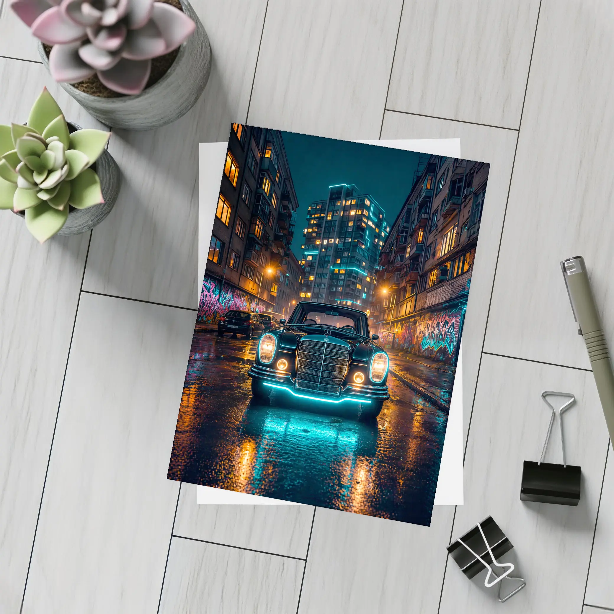 Classic Mercedes Benz Neon City Night Street – Postcards