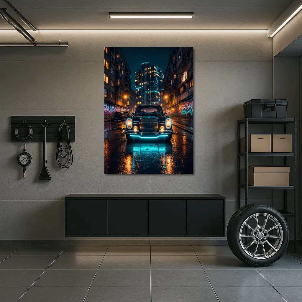 Classic Mercedes Benz Neon City Night Street – Wall Art