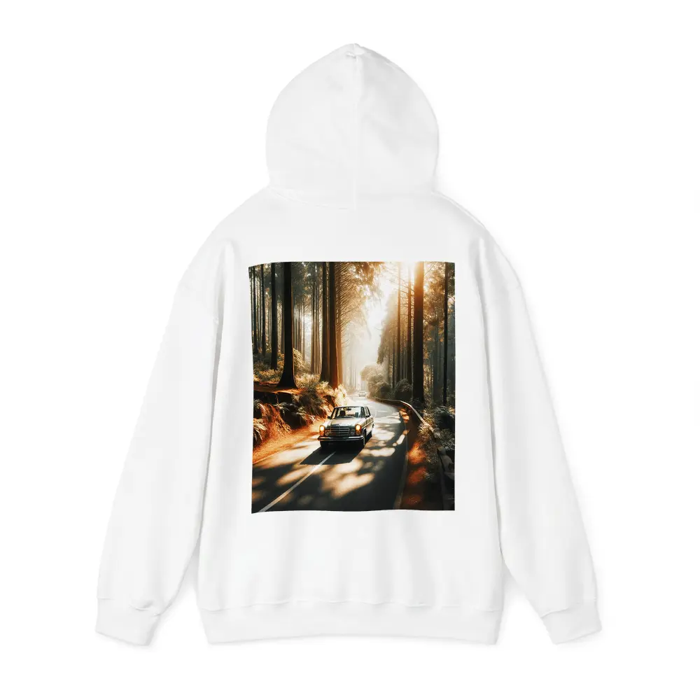 Vintage Mercedes Benz Driving Through Sunlit Forest – Hoodies