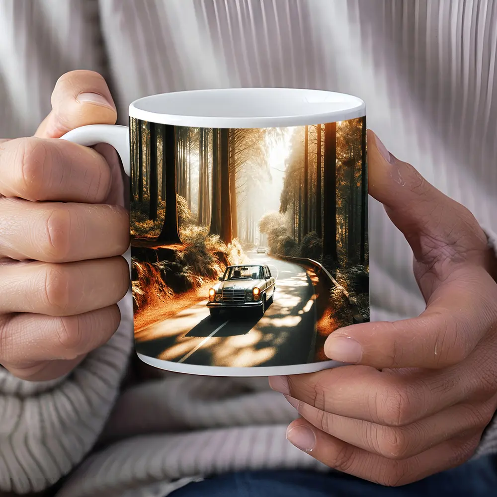 Vintage Mercedes Benz Driving Through Sunlit Forest – Mugs