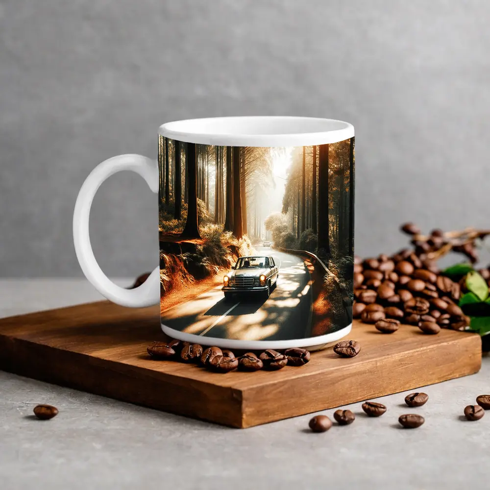 Vintage Mercedes Benz Driving Through Sunlit Forest – Mugs