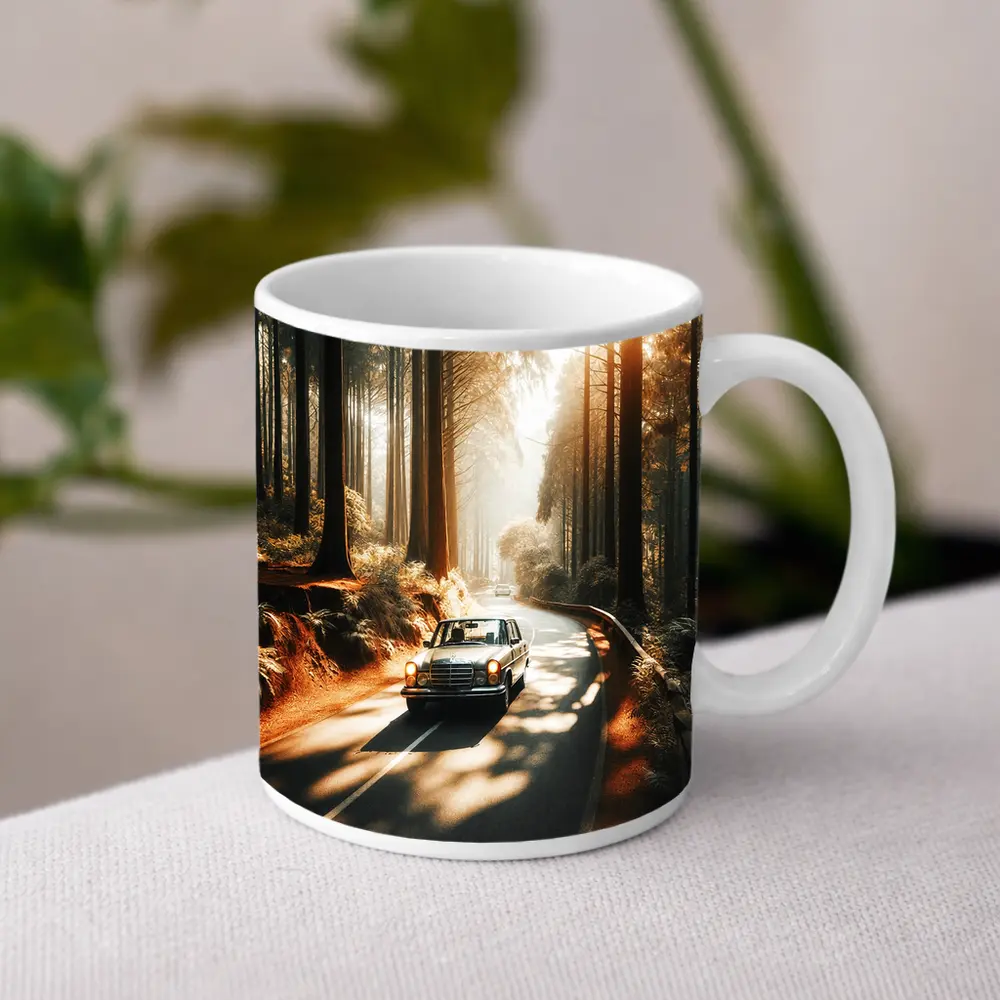 Vintage Mercedes Benz Driving Through Sunlit Forest – Mugs