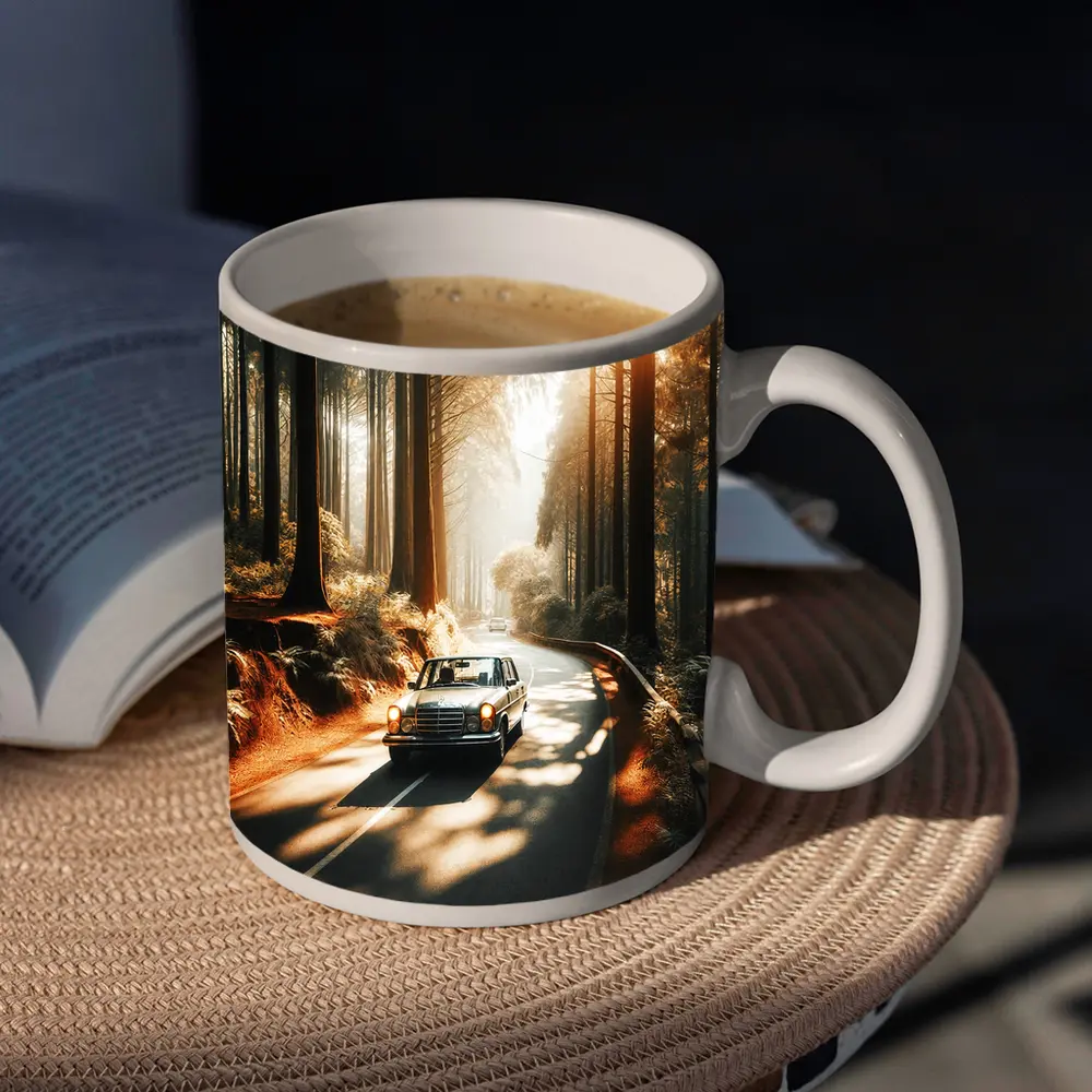 Vintage Mercedes Benz Driving Through Sunlit Forest – Mugs