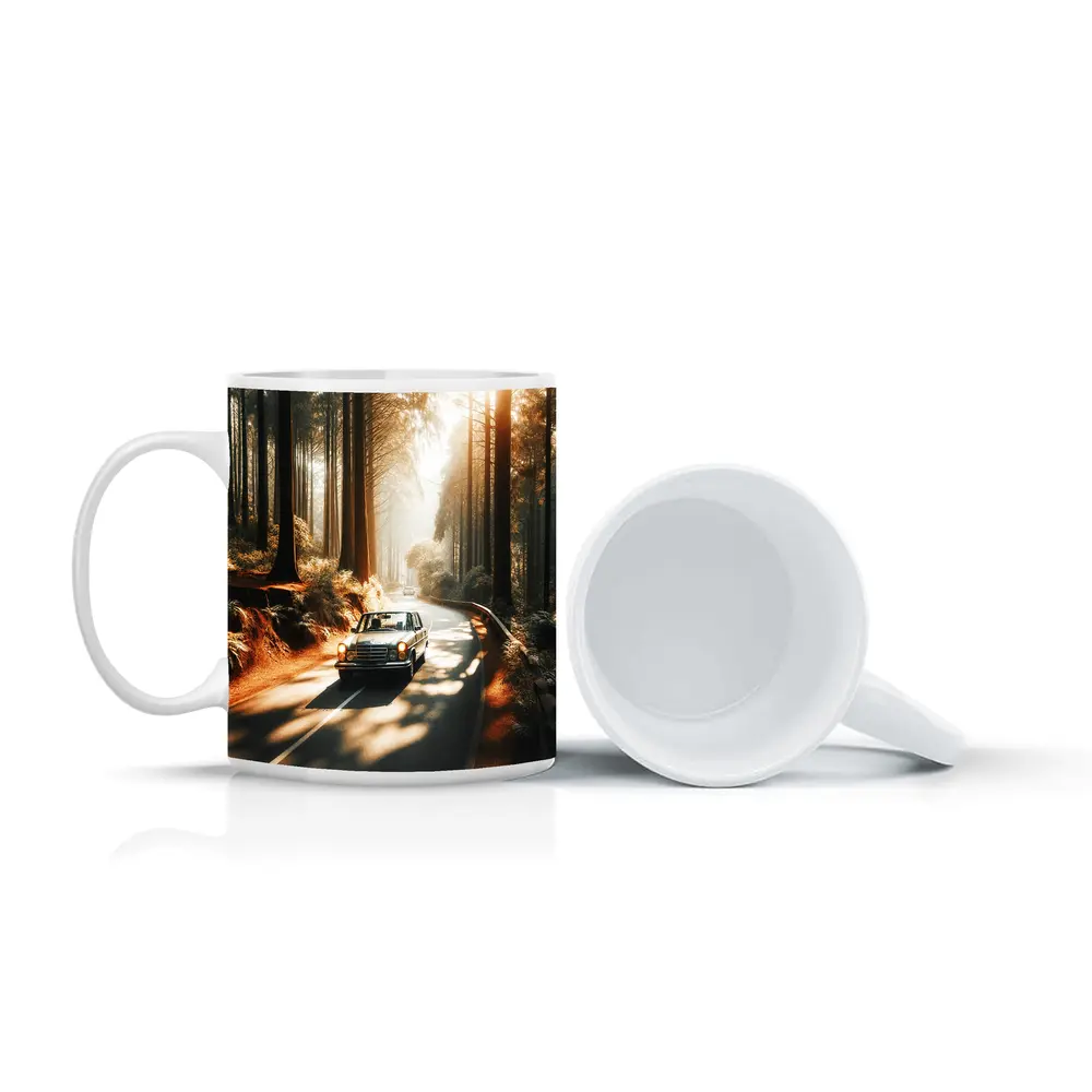 Vintage Mercedes Benz Driving Through Sunlit Forest – Mugs