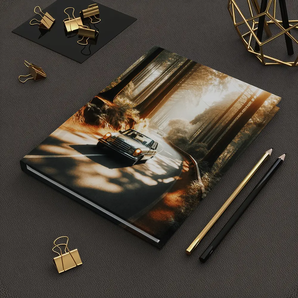 Vintage Mercedes Benz Driving Through Sunlit Forest – Notebooks