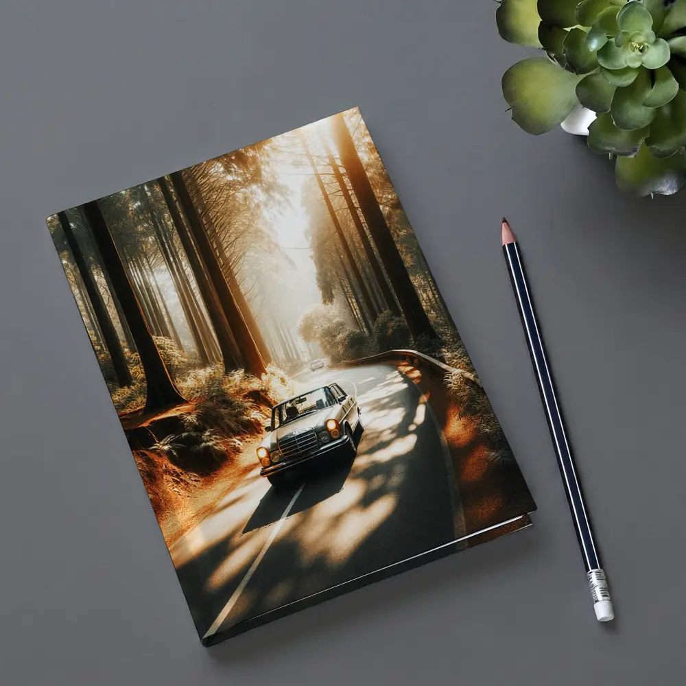 Vintage Mercedes Benz Driving Through Sunlit Forest – Notebooks