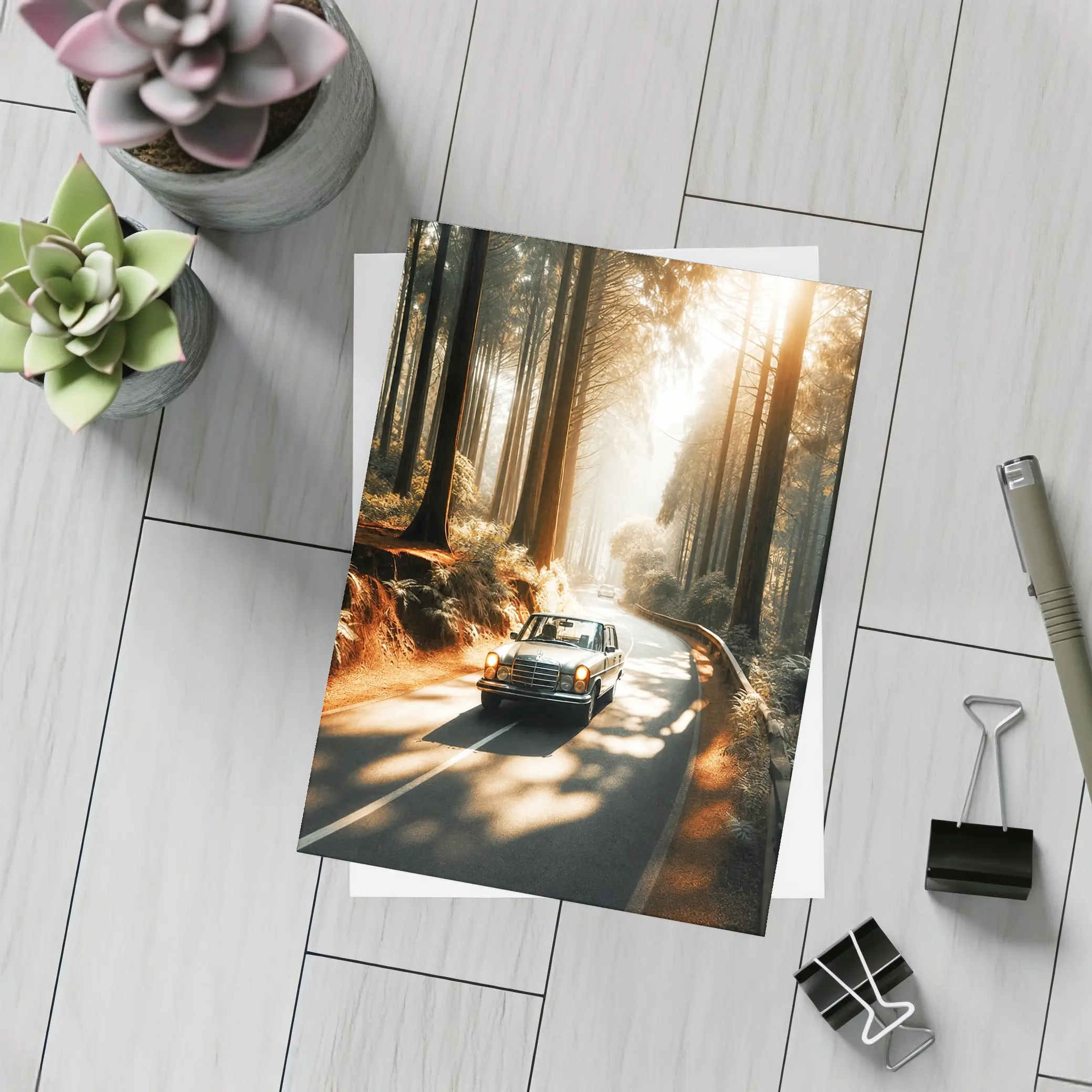 Vintage Mercedes Benz Driving Through Sunlit Forest – Postcards