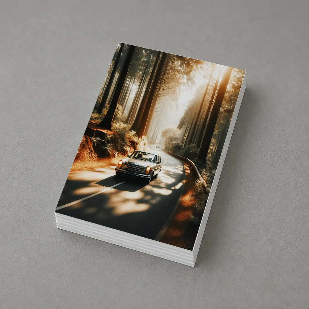 Vintage Mercedes Benz Driving Through Sunlit Forest – Postcards