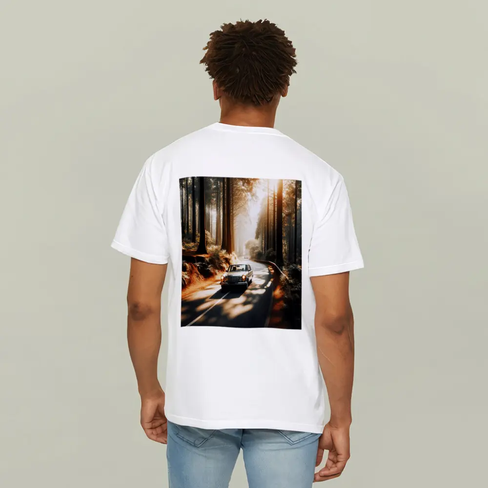 Vintage Mercedes Benz Driving Through Sunlit Forest – T-Shirts