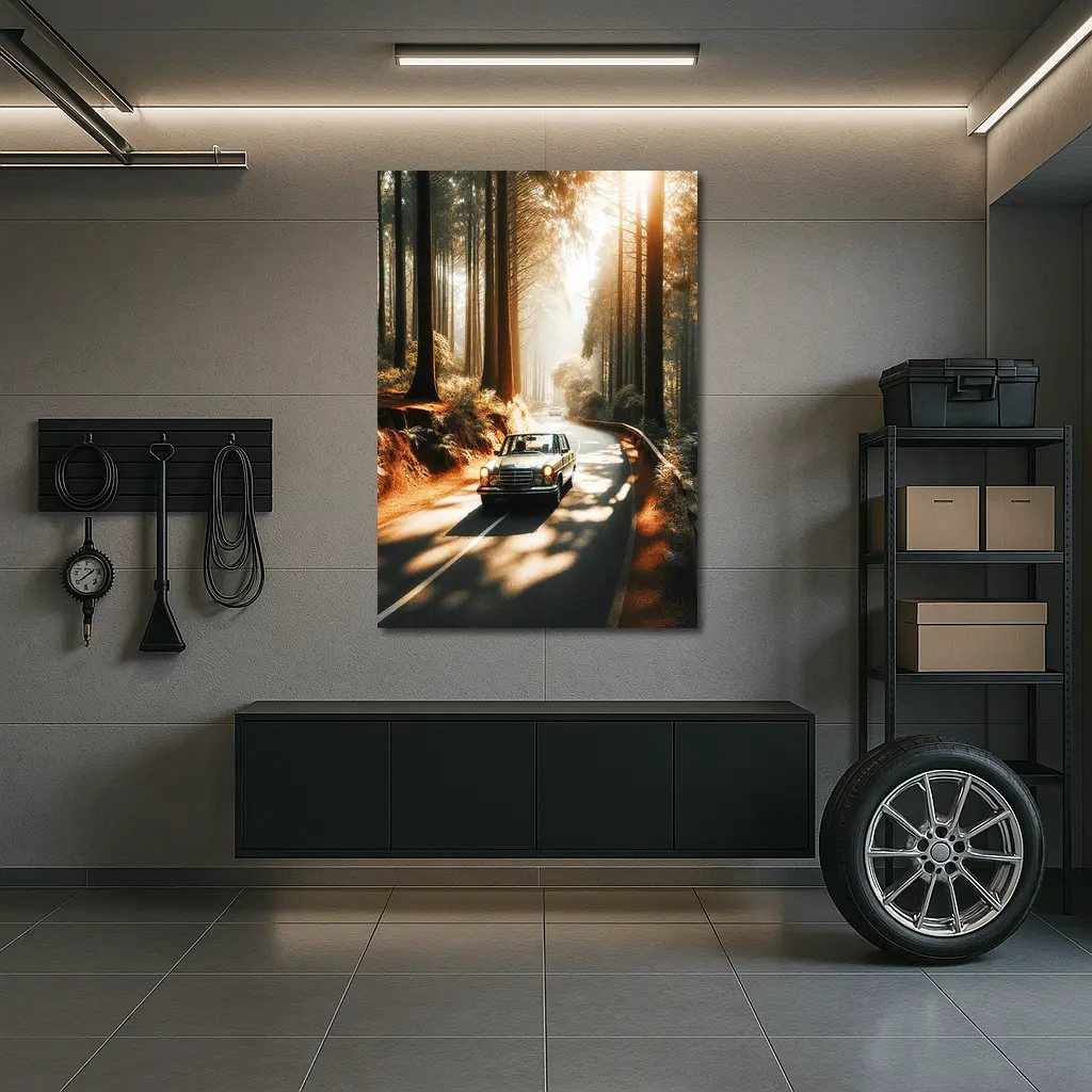 Vintage Mercedes Benz Driving Through Sunlit Forest – Wall Art