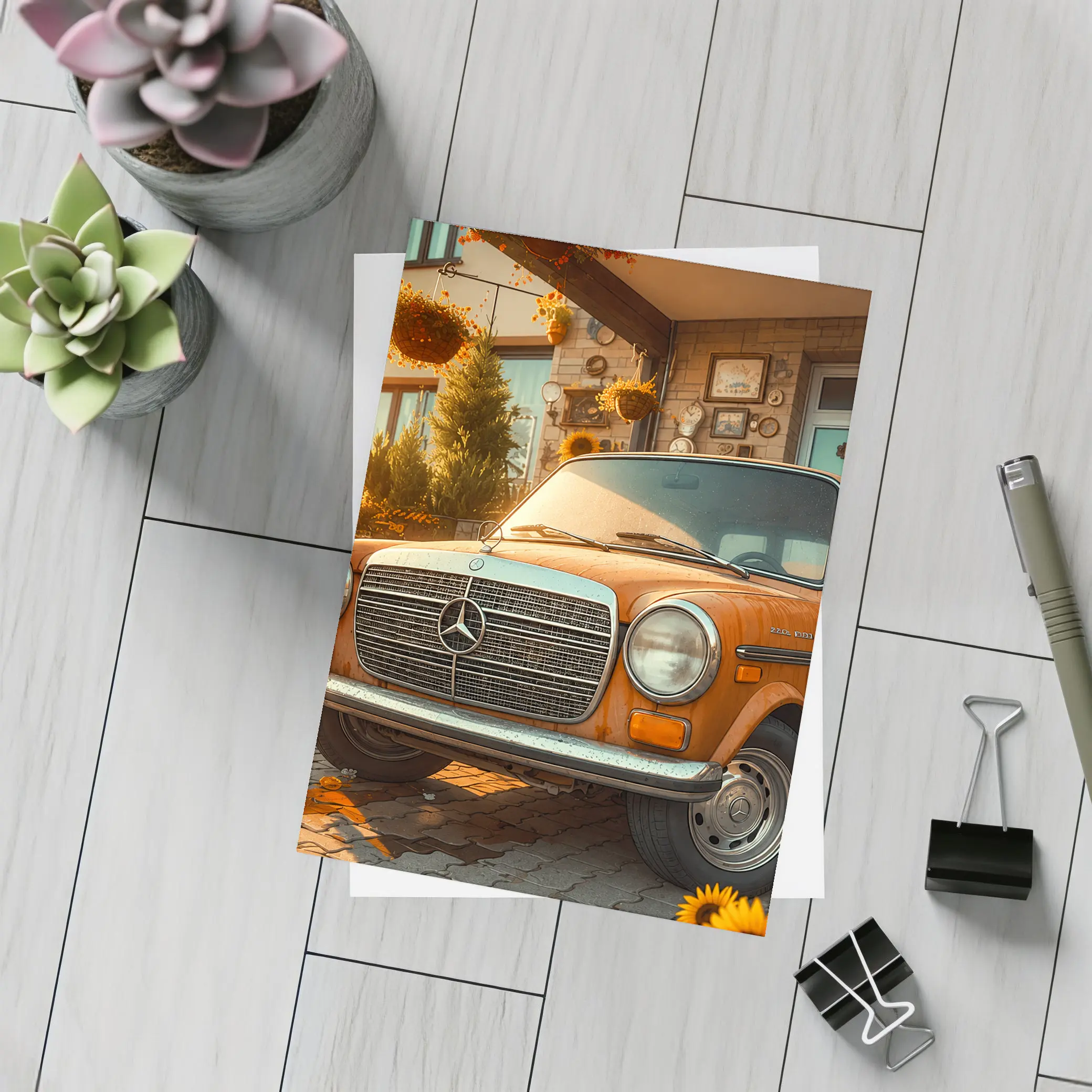 Vintage Mercedes Benz Classic Car Sunflower Garden – Postcards