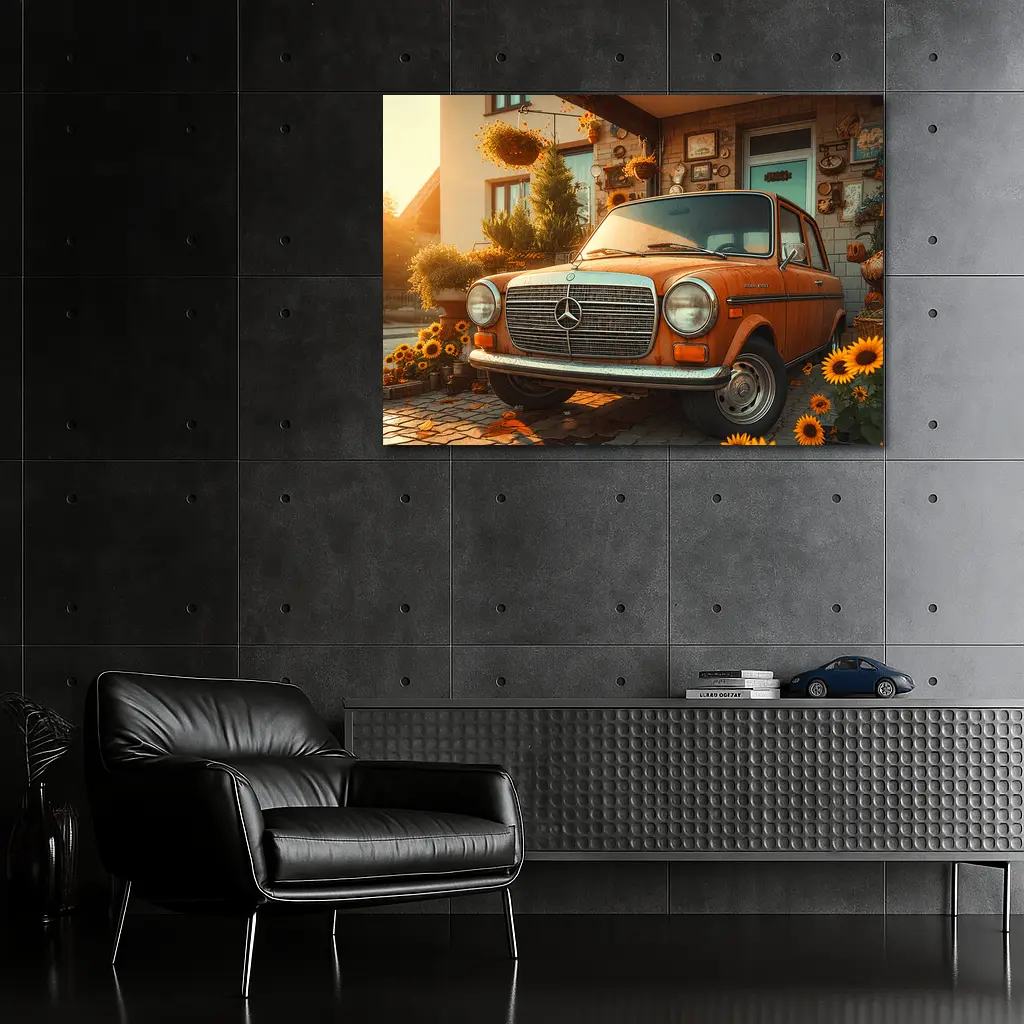 Vintage Mercedes Benz Classic Car Sunflower Garden – Wall Art