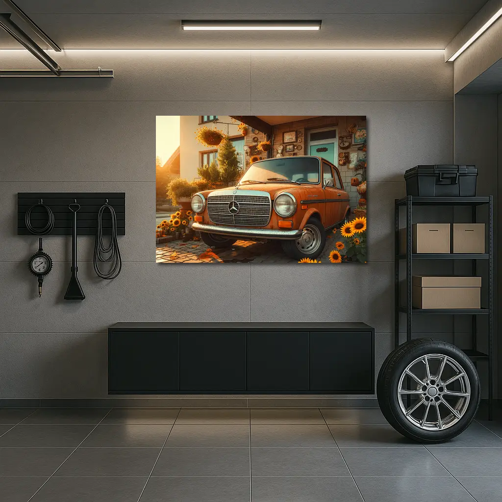 Vintage Mercedes Benz Classic Car Sunflower Garden – Wall Art