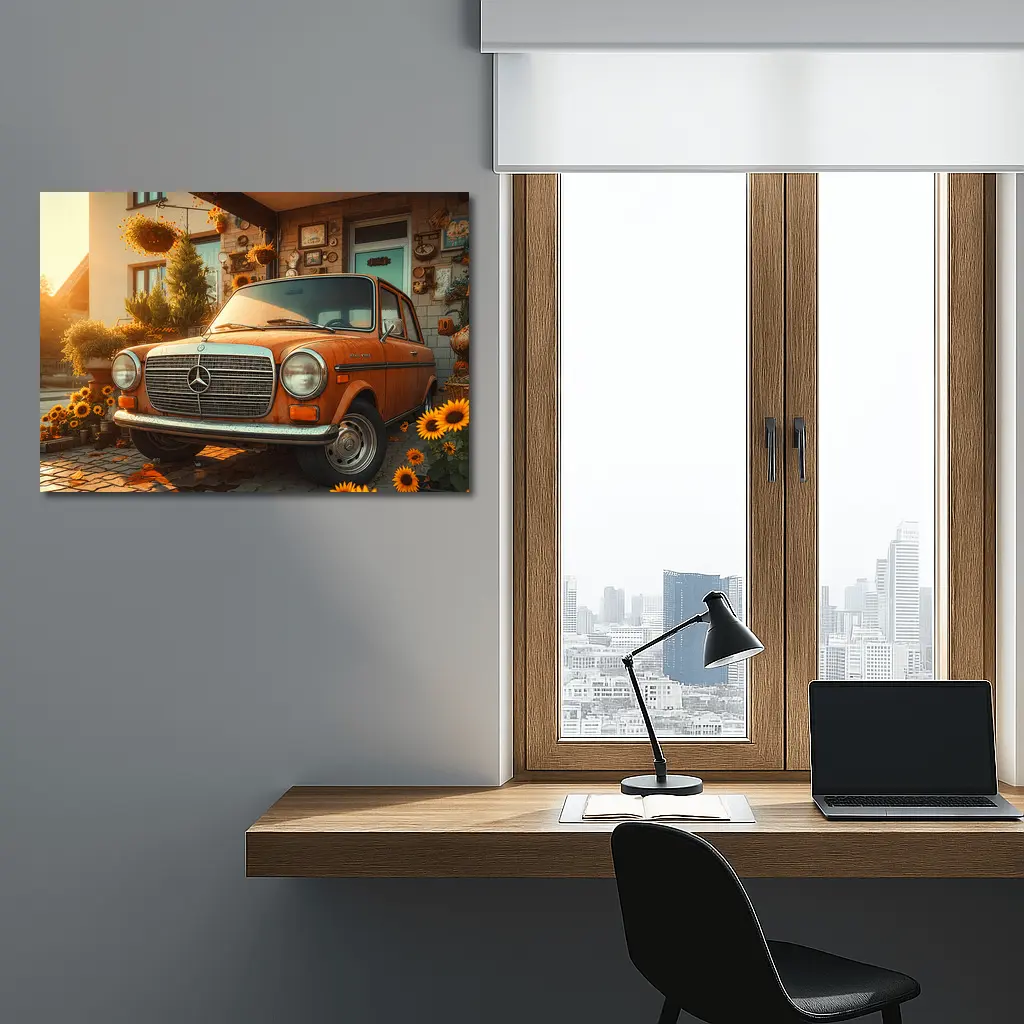 Vintage Mercedes Benz Classic Car Sunflower Garden – Wall Art
