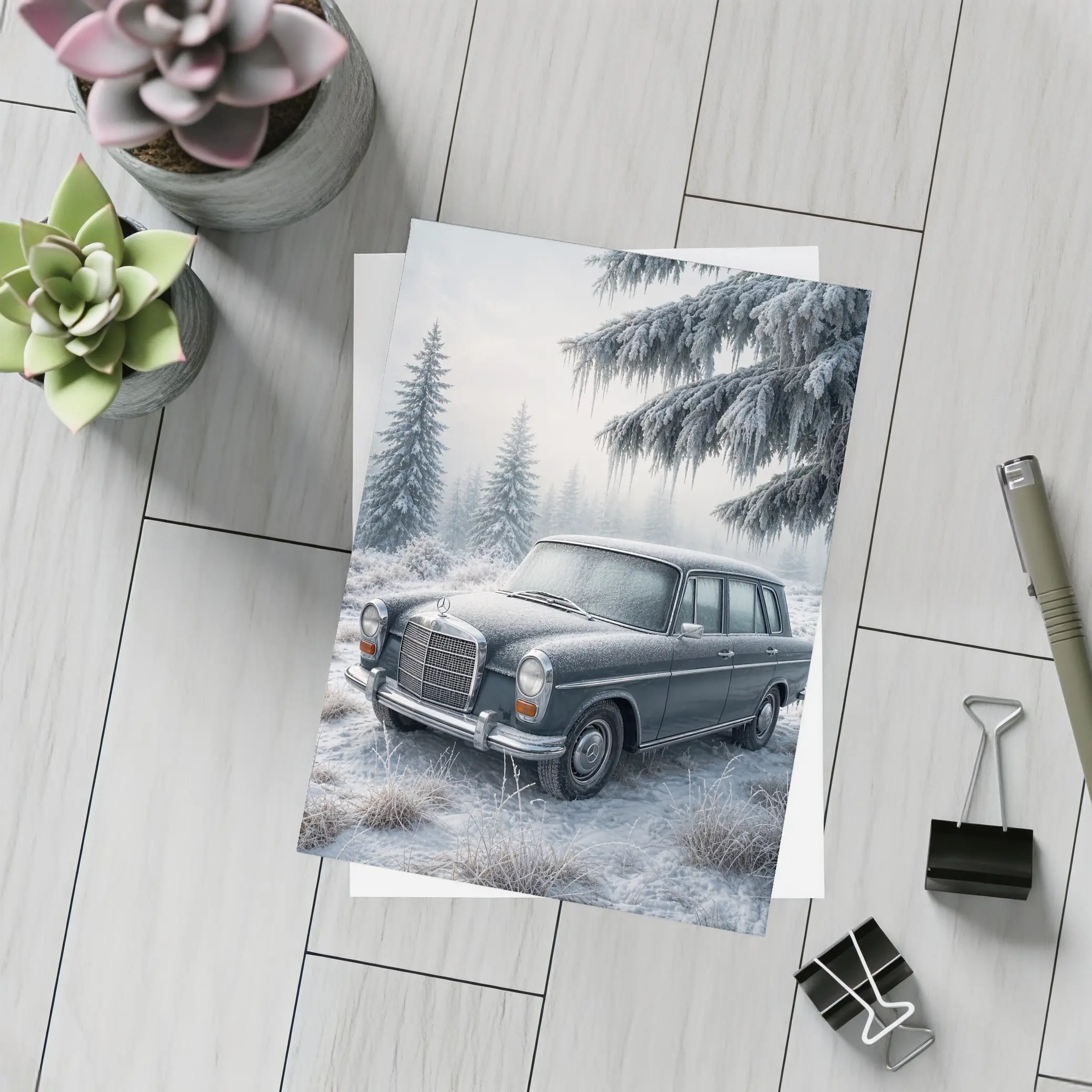 Vintage Mercedes Benz Estate Car Winter Forest – Postcards