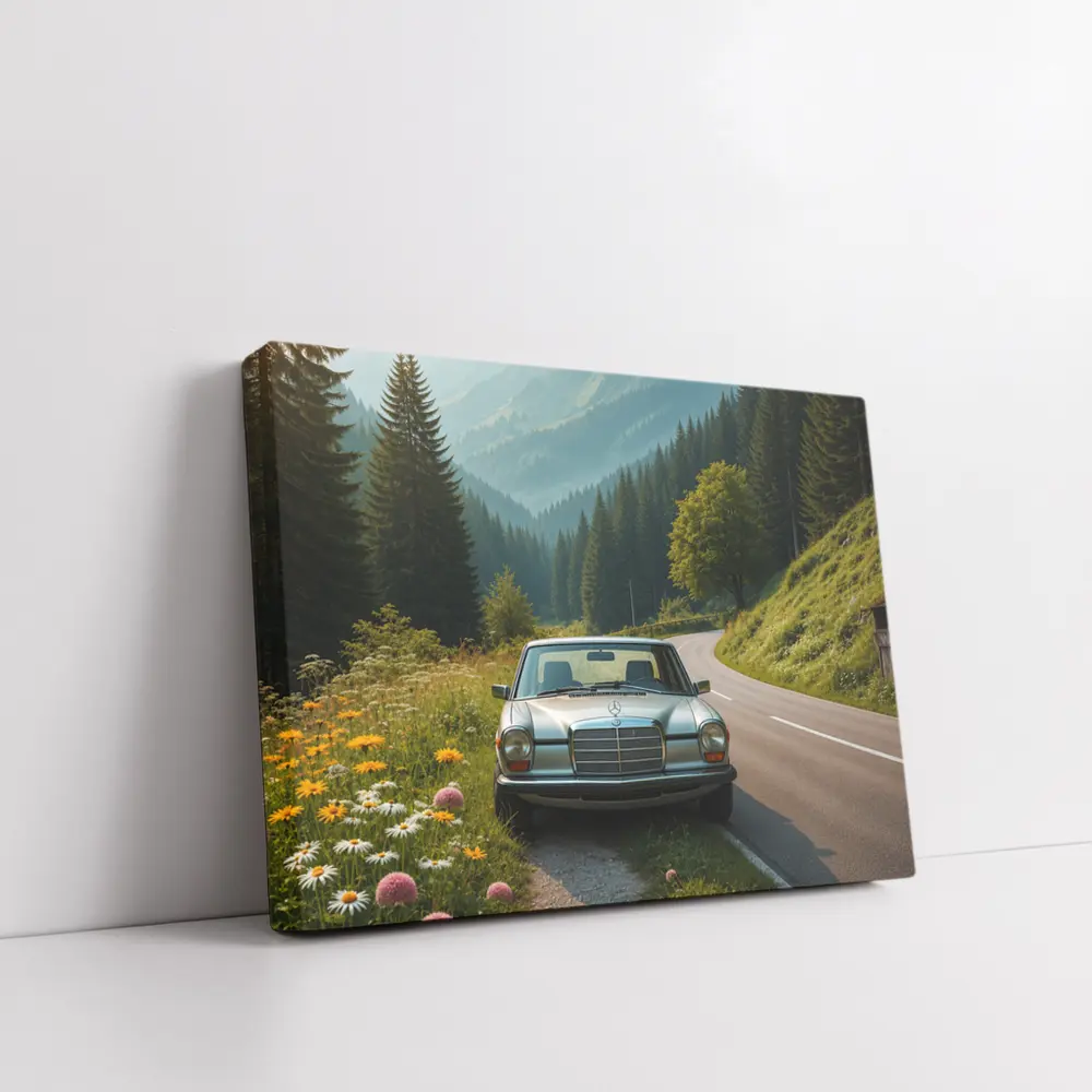 Vintage Mercedes Benz on Mountain Forest Road – Wall Art