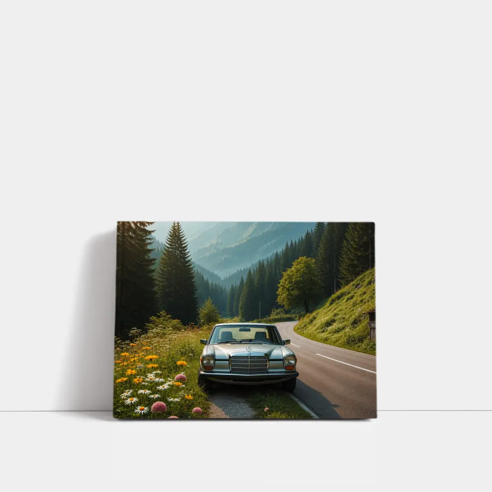 Vintage Mercedes Benz on Mountain Forest Road – Wall Art