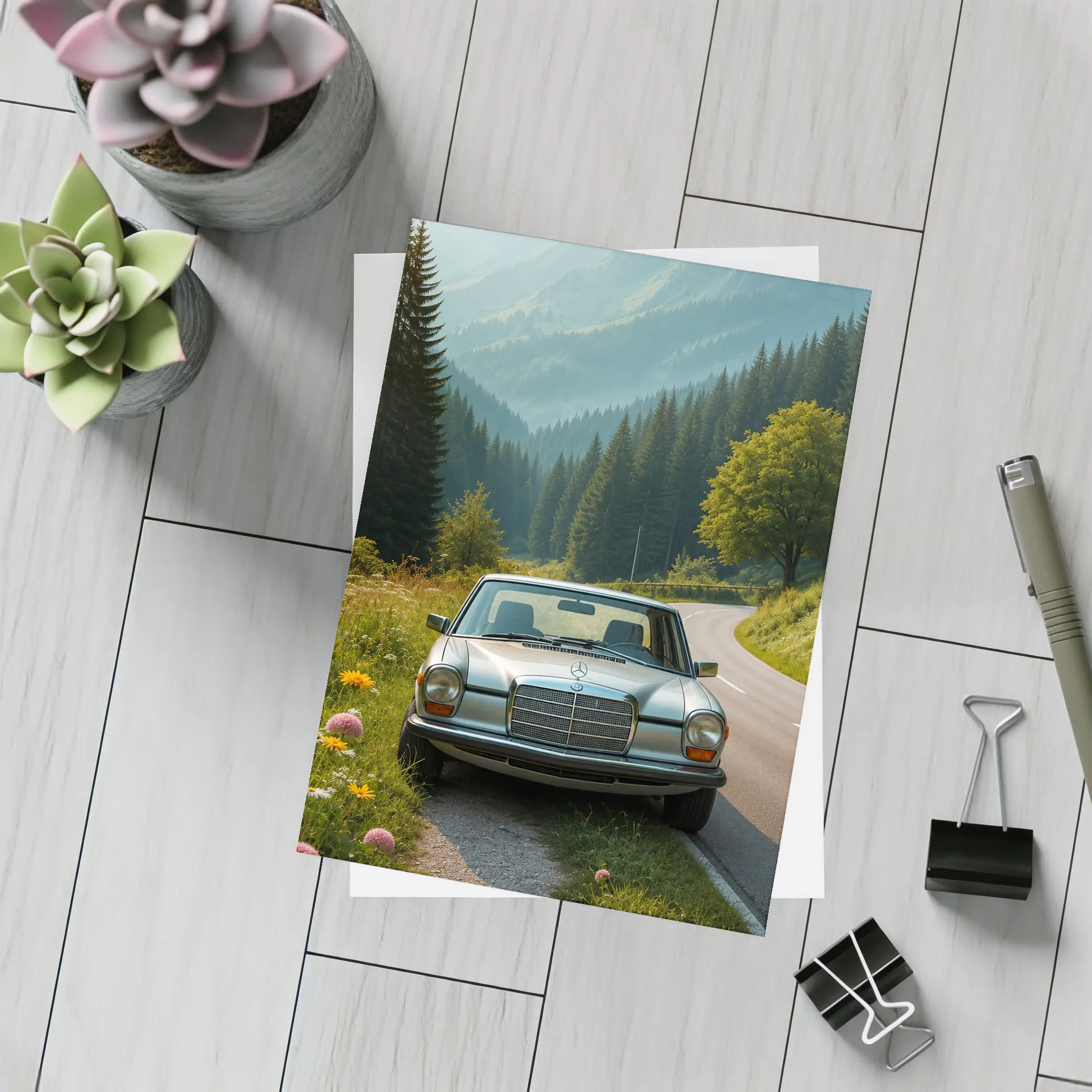 Vintage Mercedes Benz on Mountain Forest Road – Postcards
