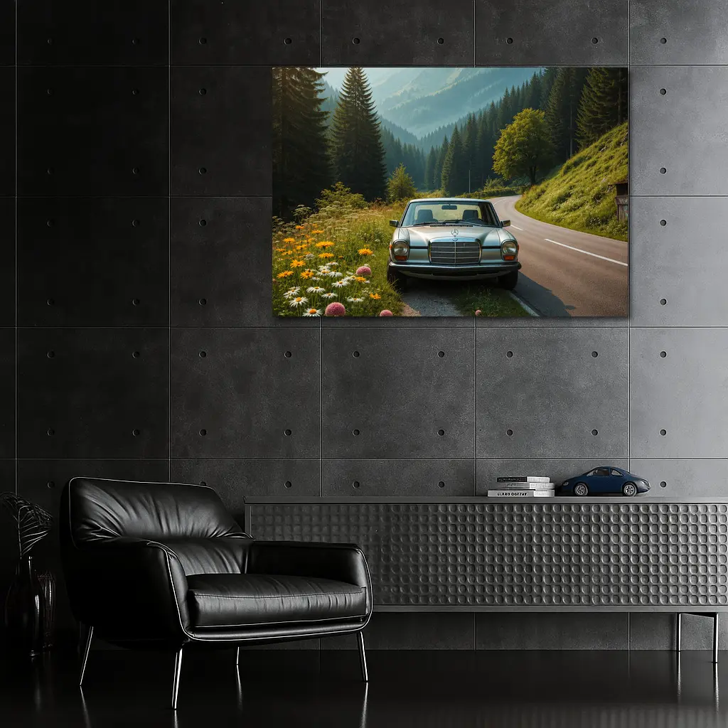Vintage Mercedes Benz on Mountain Forest Road – Wall Art