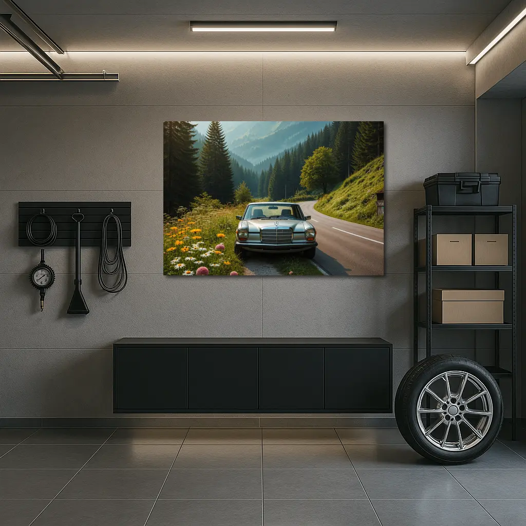 Vintage Mercedes Benz on Mountain Forest Road – Wall Art