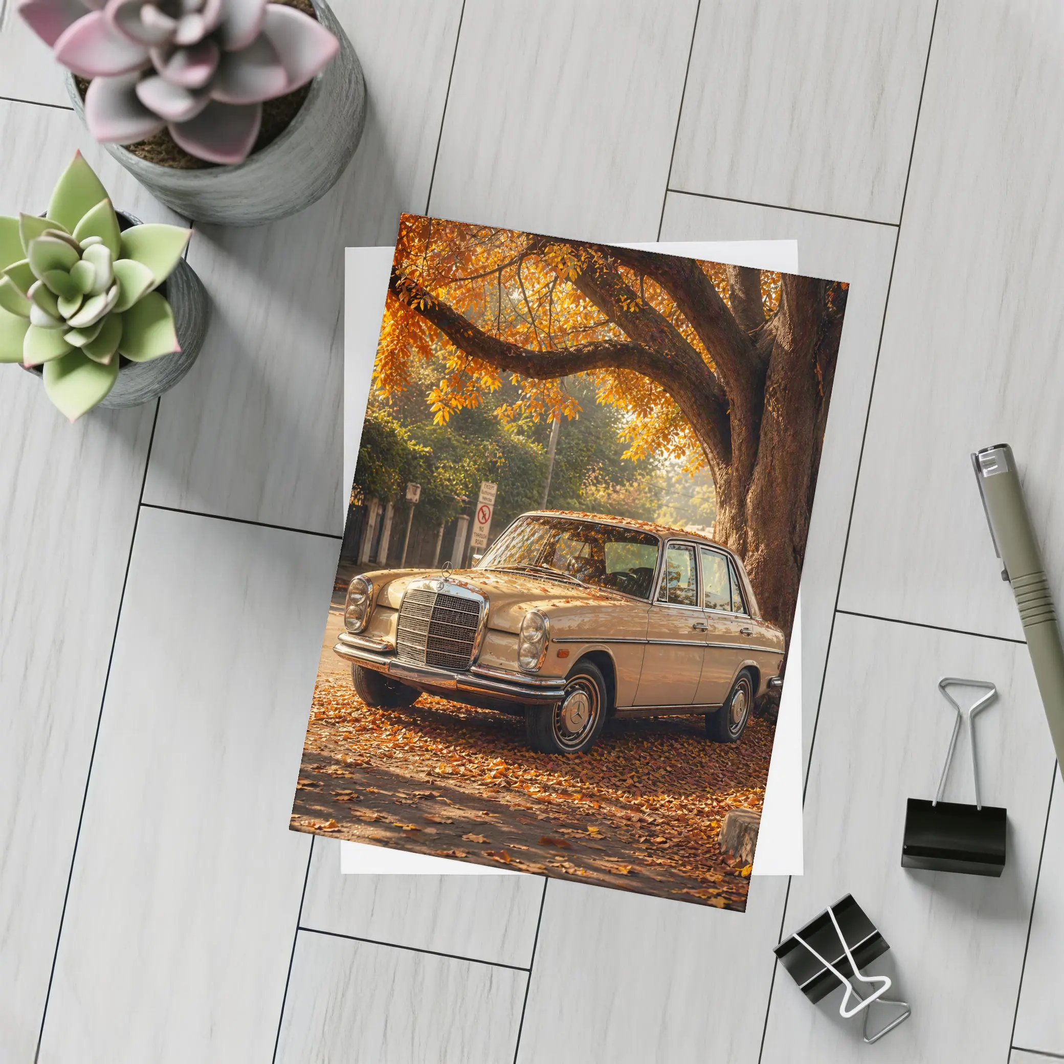 Vintage Mercedes Benz Sedan Autumn Street – Postcards