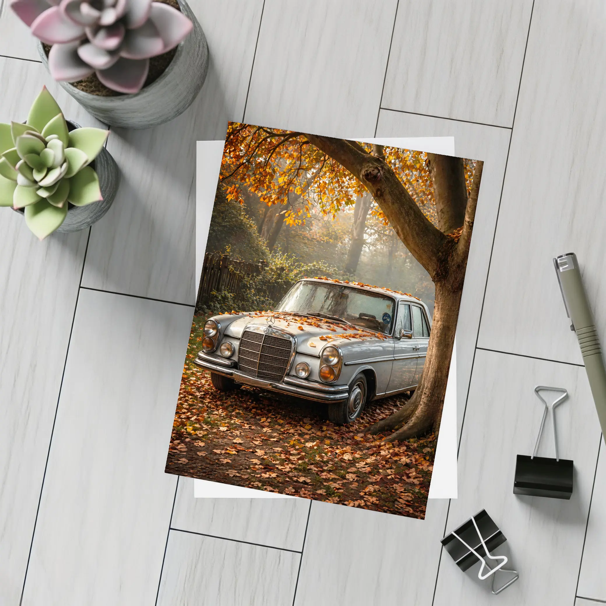 Vintage Mercedes Benz Sedan Autumn Forest – Postcards