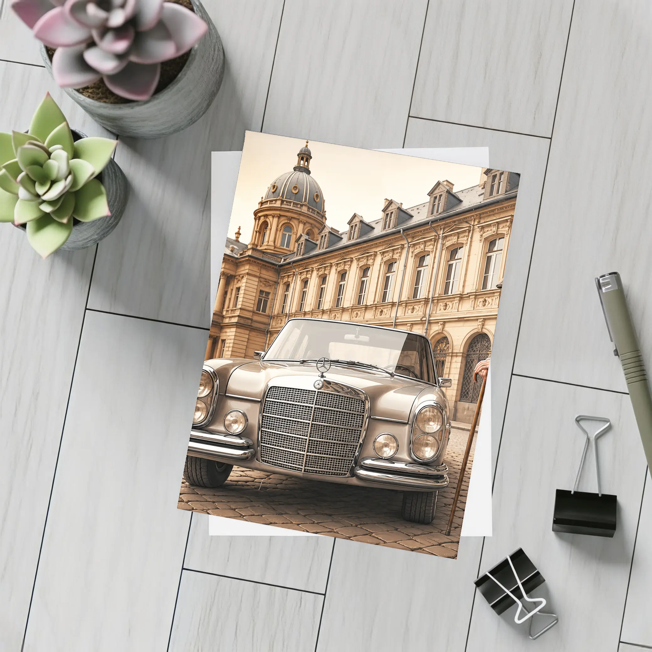 Vintage Mercedes Benz Classic Car Cobblestone Square – Postcards