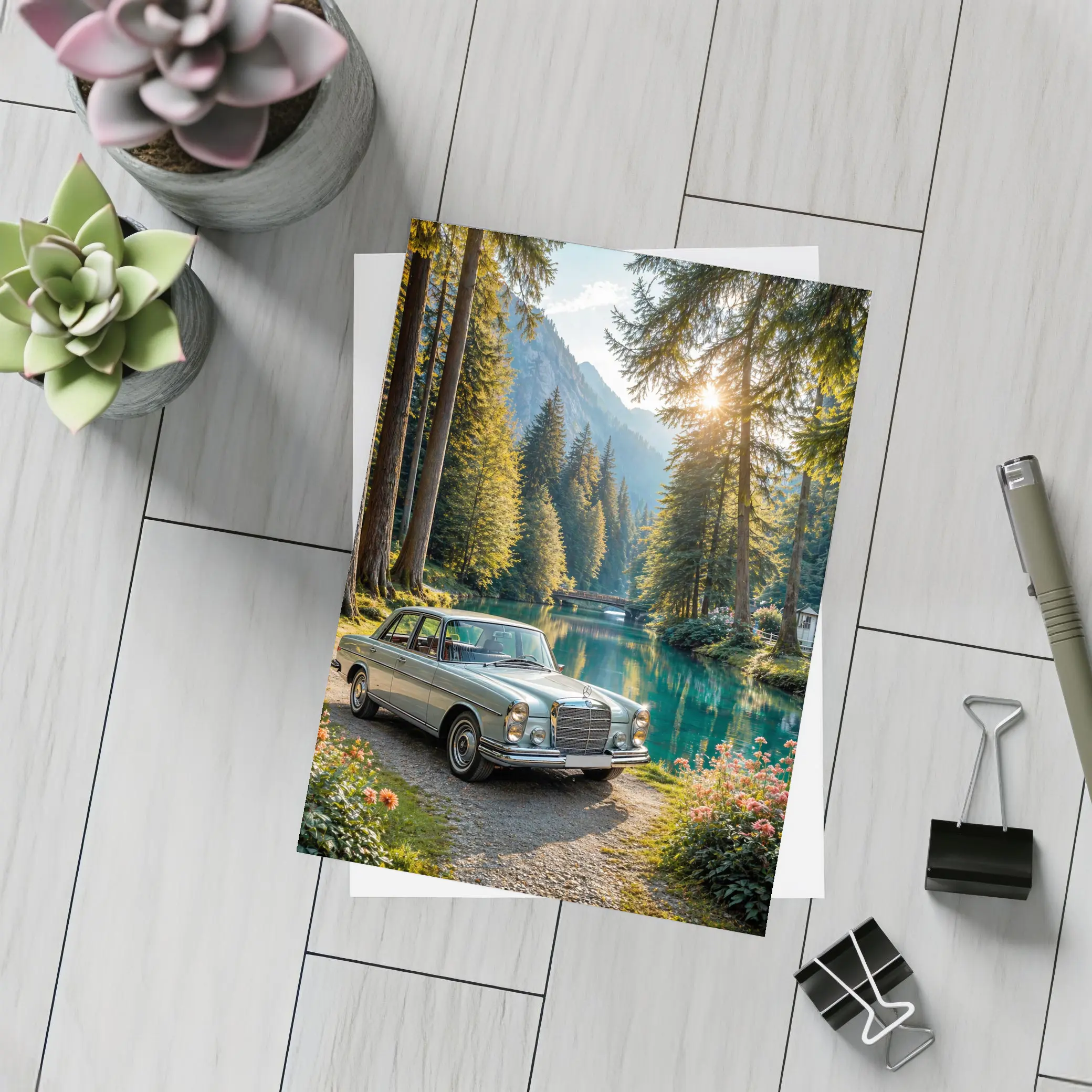 Vintage Mercedes Benz Classic Car Forest Lake – Postcards