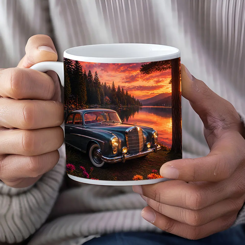 Vintage Mercedes Benz Classic Car Lake Sunset – Mugs