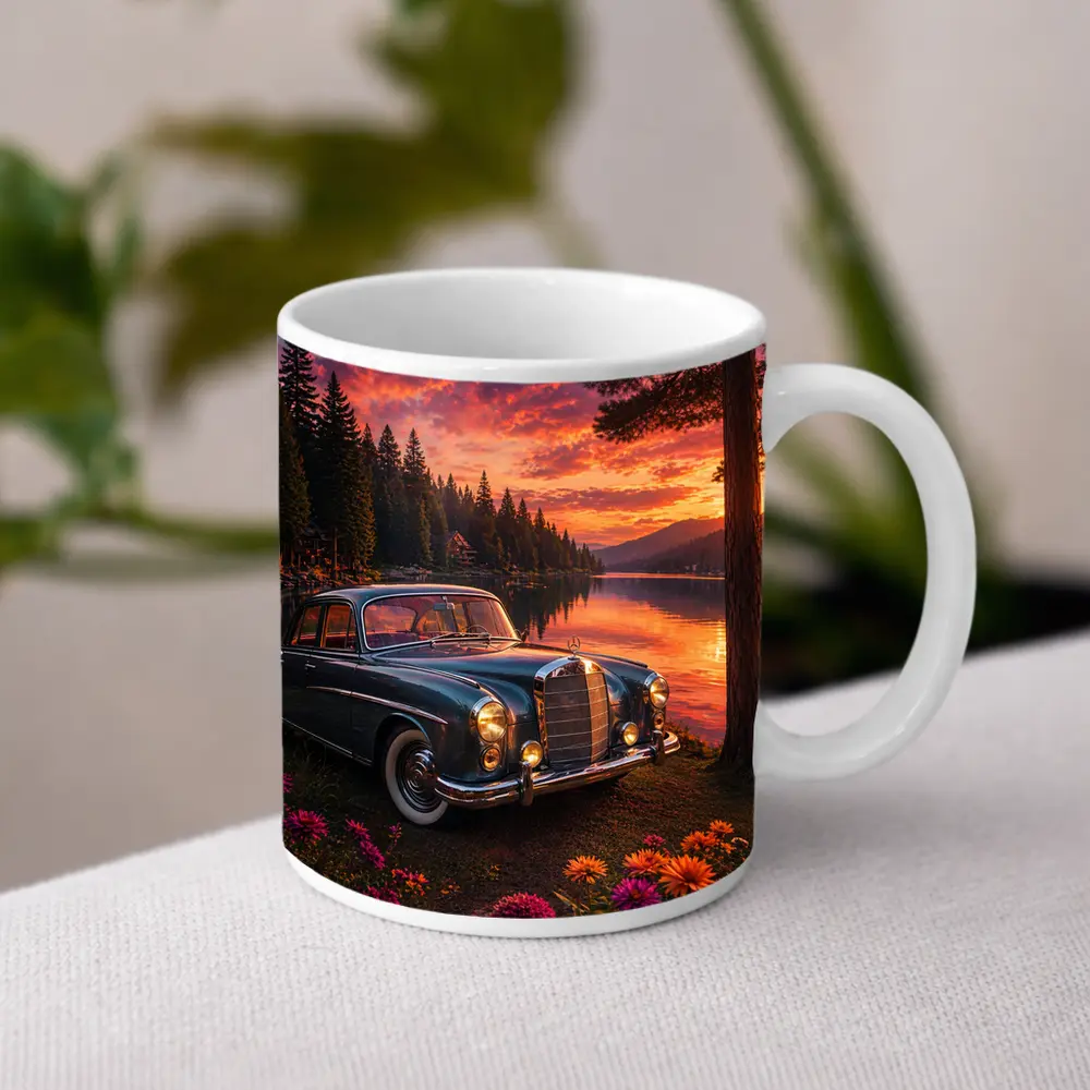 Vintage Mercedes Benz Classic Car Lake Sunset – Mugs
