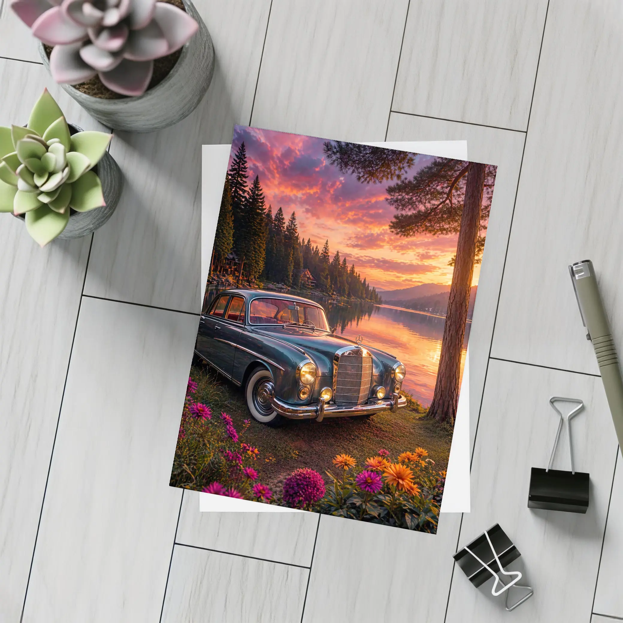 Vintage Mercedes Benz Classic Car Lake Sunset – Postcards