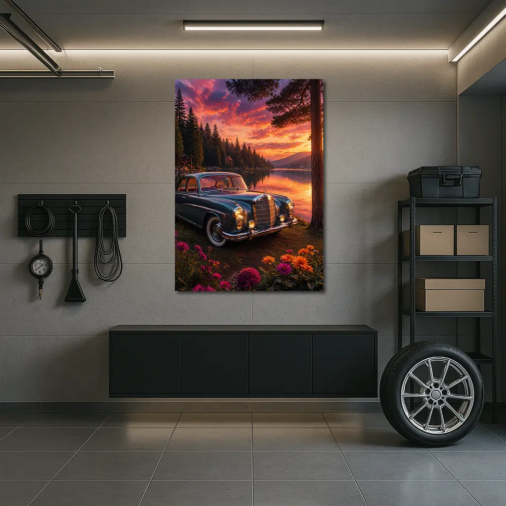 Vintage Mercedes Benz Classic Car Lake Sunset – Wall Art