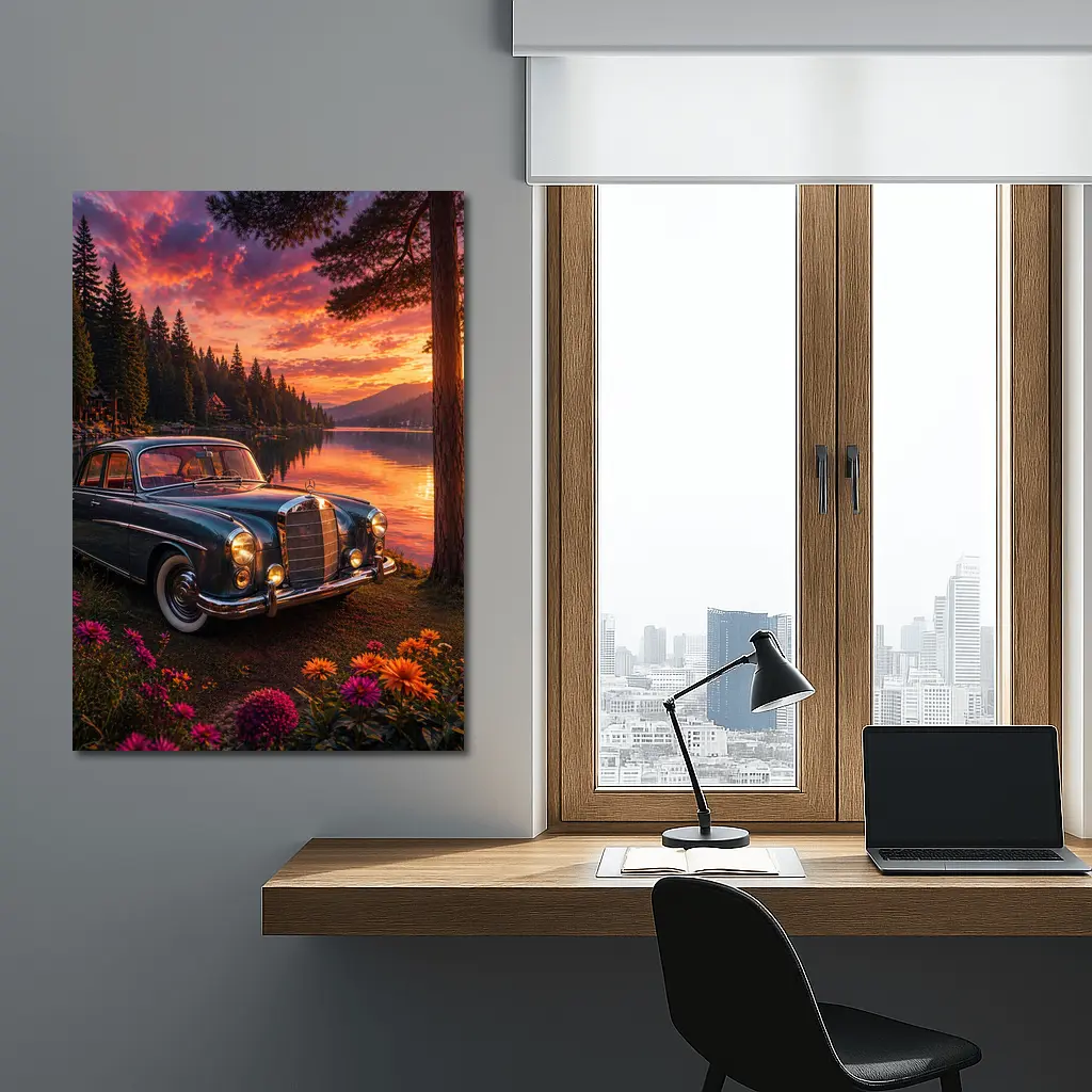 Vintage Mercedes Benz Classic Car Lake Sunset – Wall Art