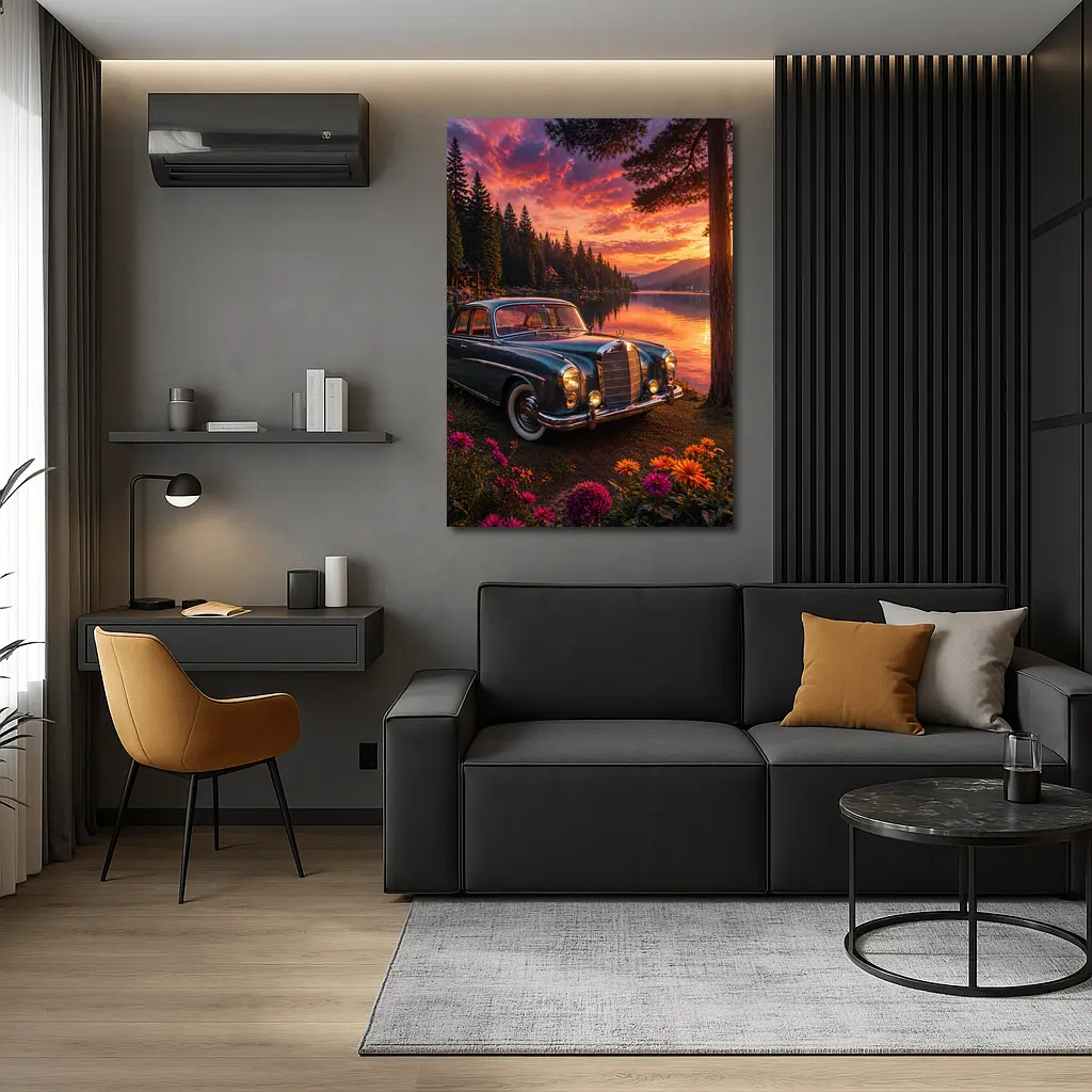 Vintage Mercedes Benz Classic Car Lake Sunset – Wall Art