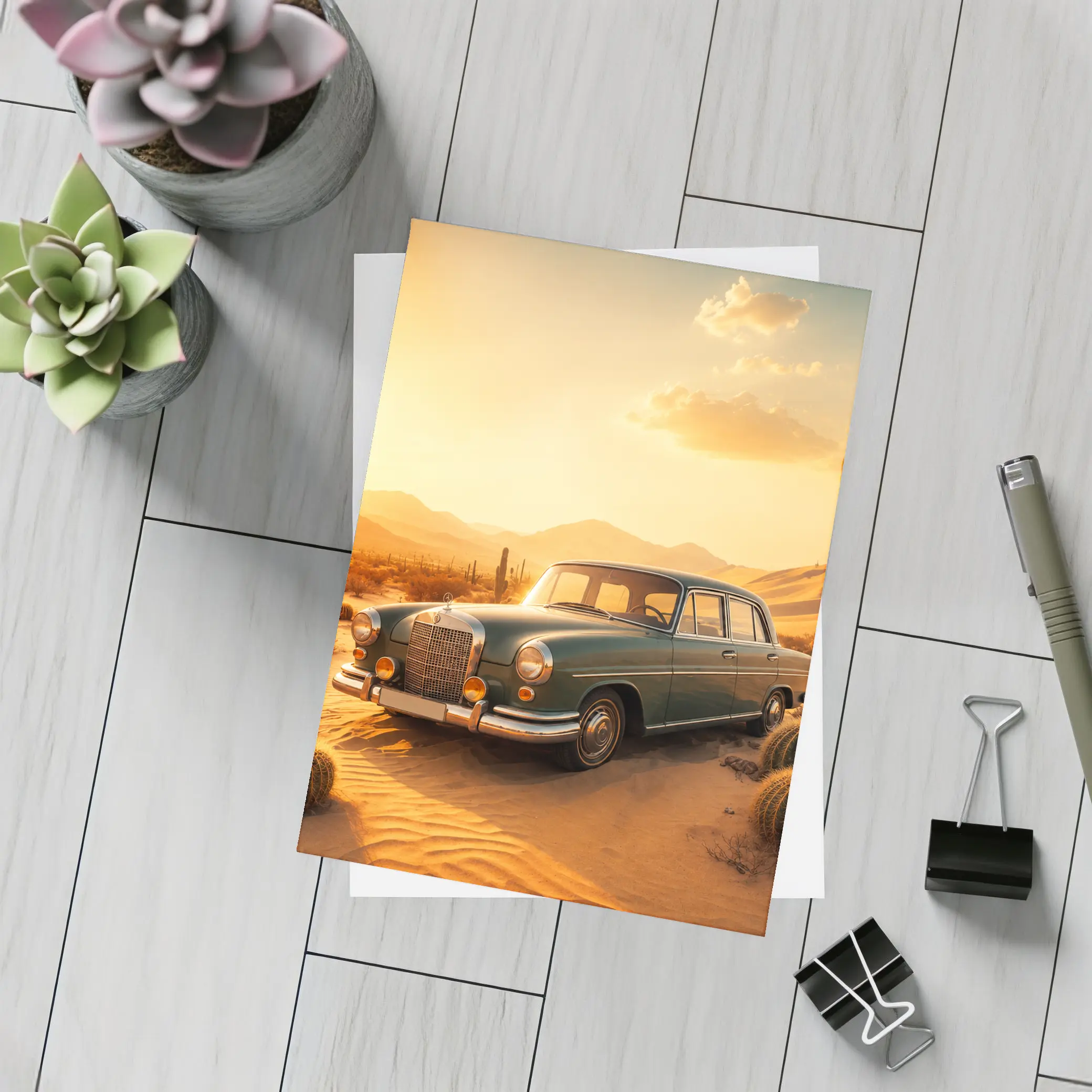 Vintage Mercedes Benz Classic Car Desert Sunset – Postcards