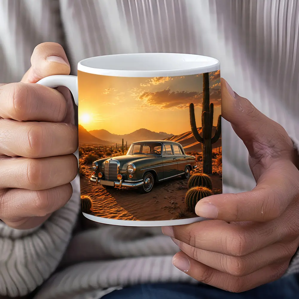Vintage Mercedes Classic Sedan Desert Sunset – Mugs