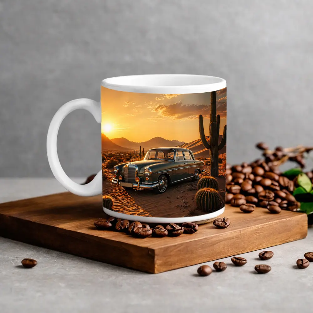 Vintage Mercedes Classic Sedan Desert Sunset – Mugs