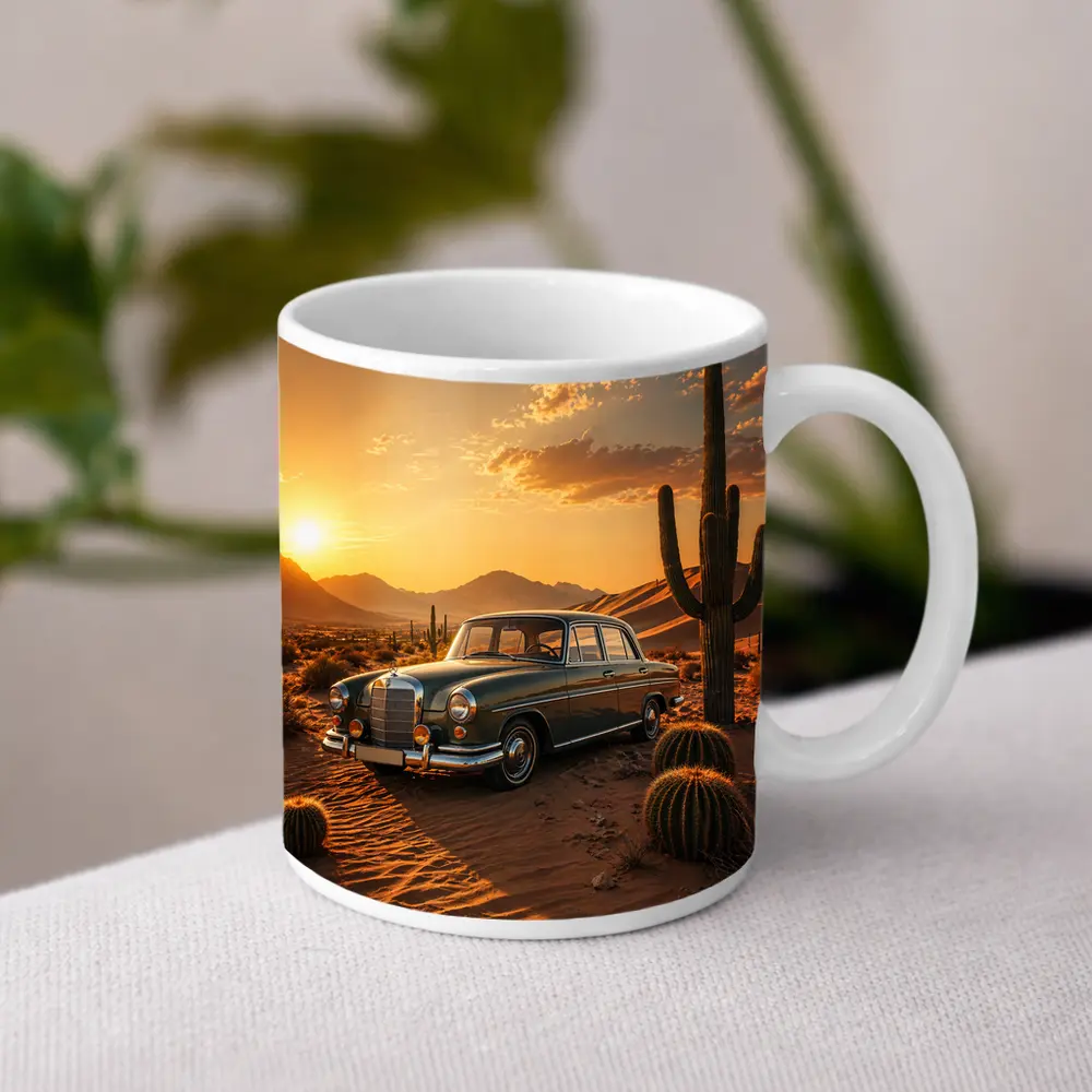 Vintage Mercedes Classic Sedan Desert Sunset – Mugs