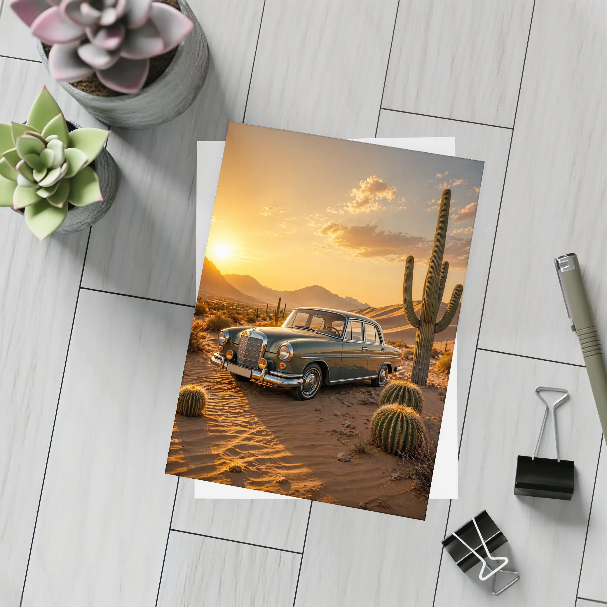 Vintage Mercedes Classic Sedan Desert Sunset – Postcards
