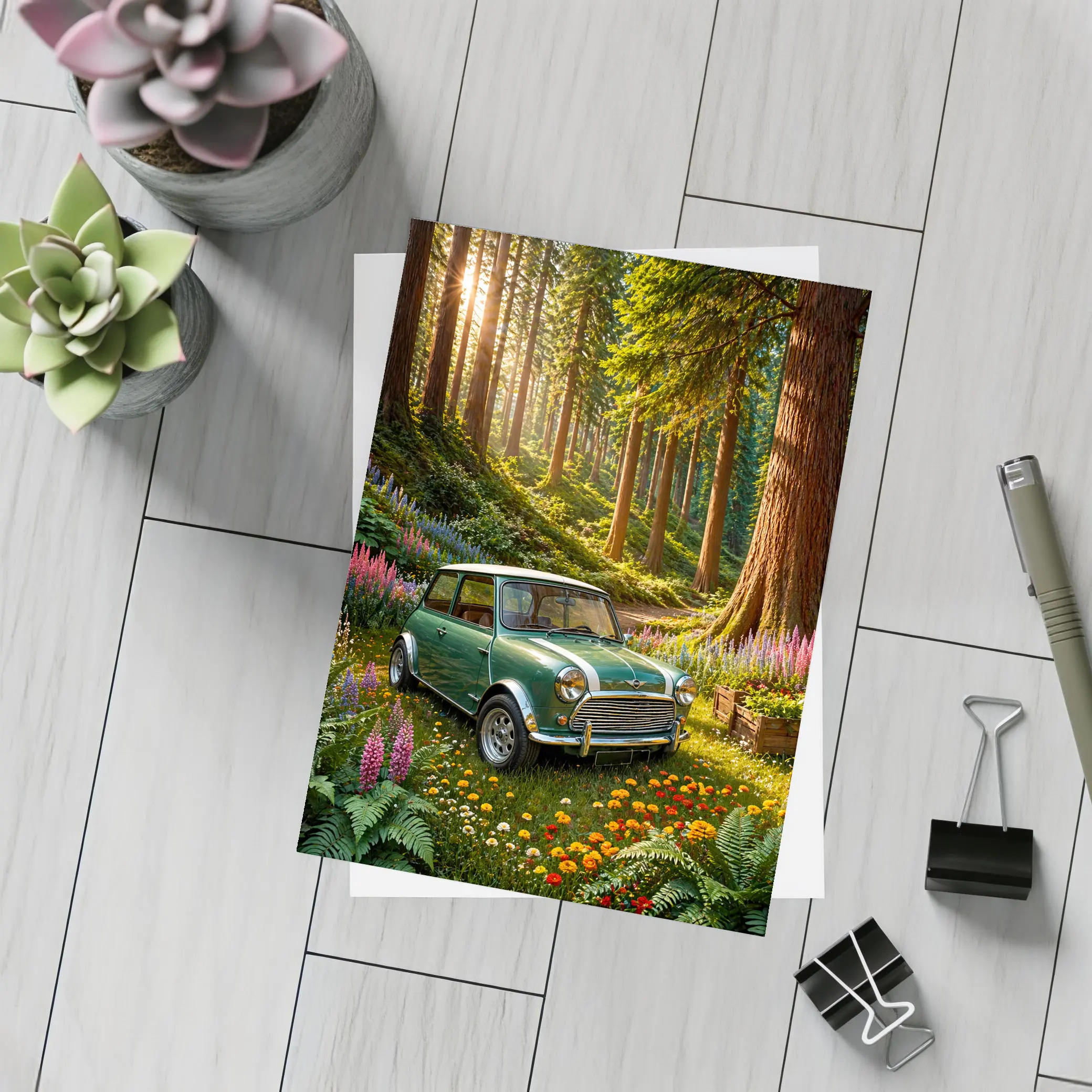 Classic Mini Cooper Green Forest Sunshine – Postcards