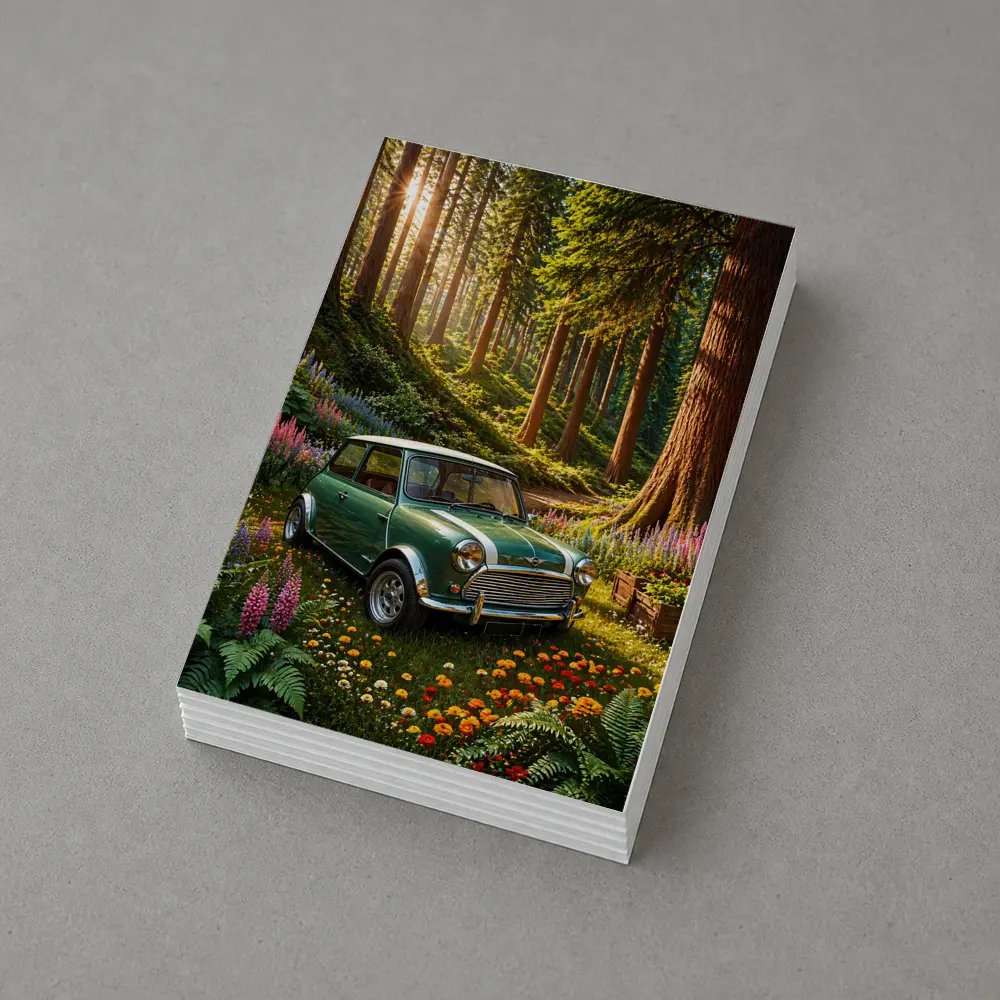 Classic Mini Cooper Green Forest Sunshine – Postcards