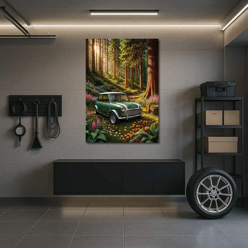 Classic Mini Cooper Green Forest Sunshine – Wall Art