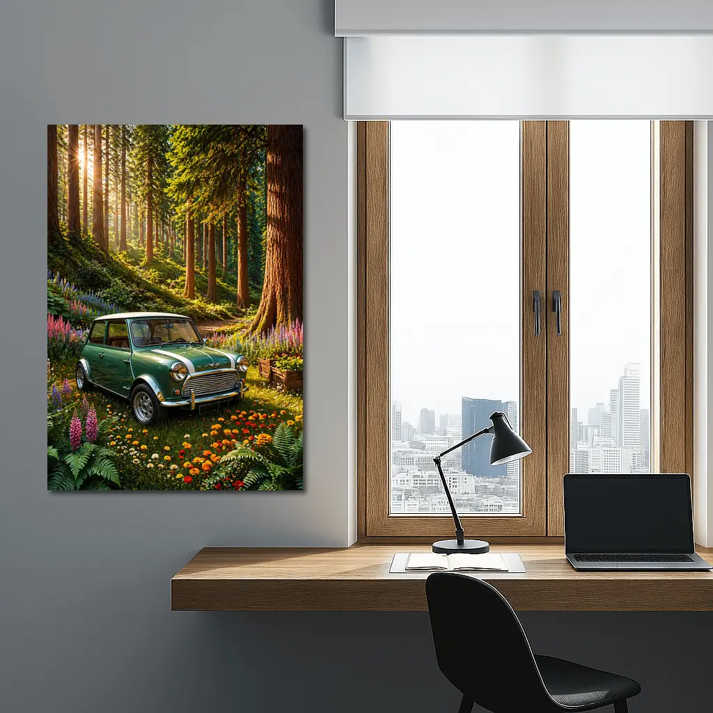 Classic Mini Cooper Green Forest Sunshine – Wall Art