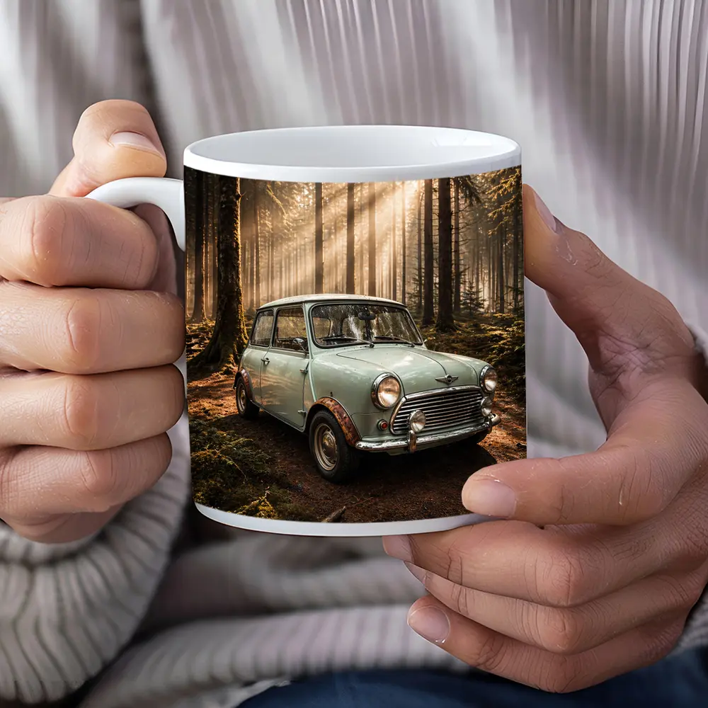Classic Mini Cooper Car In Sunlit Forest – Mugs