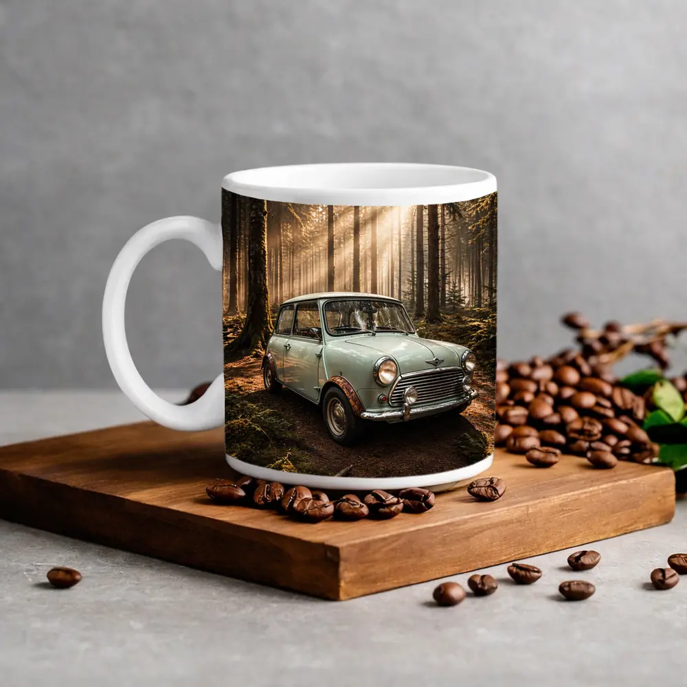 Classic Mini Cooper Car In Sunlit Forest – Mugs