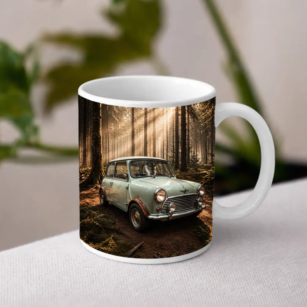 Classic Mini Cooper Car In Sunlit Forest – Mugs